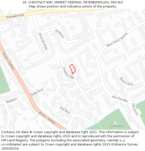 26, CHESTNUT WAY, MARKET DEEPING, PETERBOROUGH, PE6 8LP: Location map and indicative extent of plot