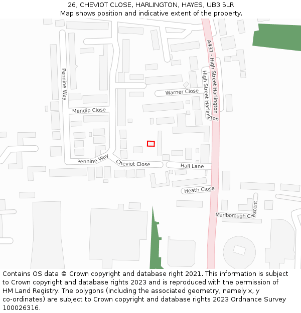 26, CHEVIOT CLOSE, HARLINGTON, HAYES, UB3 5LR: Location map and indicative extent of plot