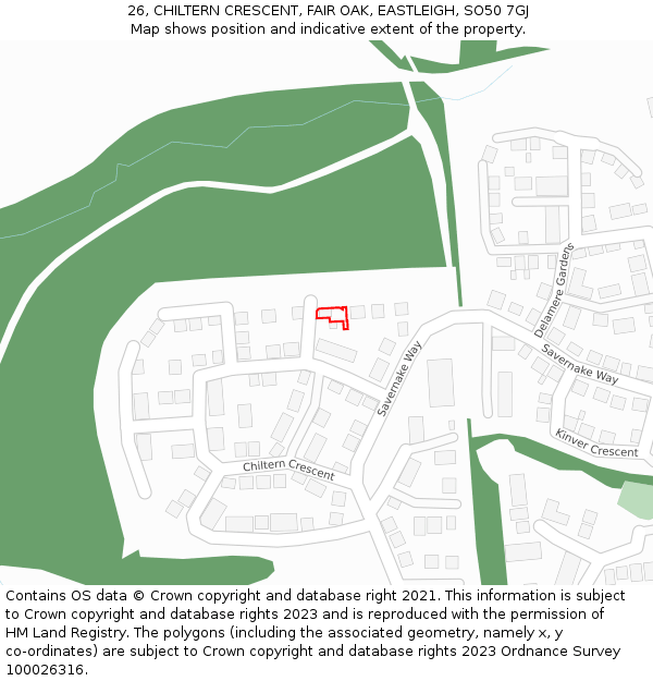 26, CHILTERN CRESCENT, FAIR OAK, EASTLEIGH, SO50 7GJ: Location map and indicative extent of plot