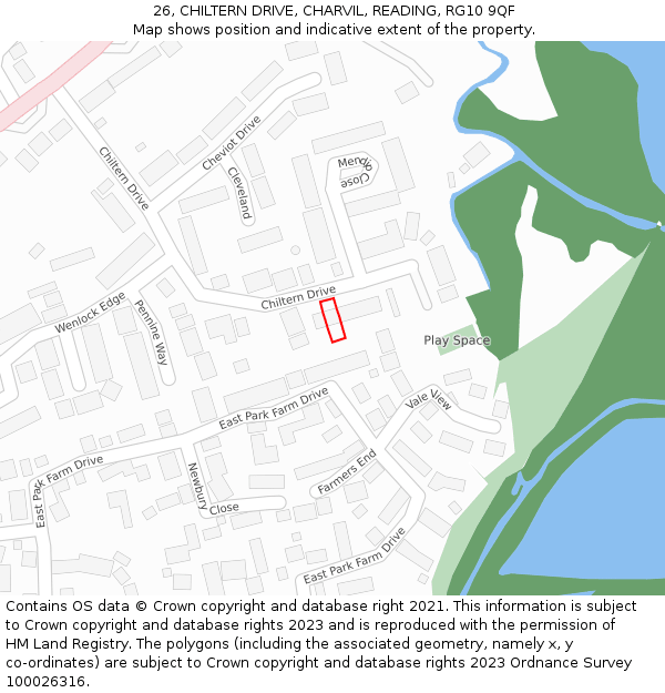 26, CHILTERN DRIVE, CHARVIL, READING, RG10 9QF: Location map and indicative extent of plot