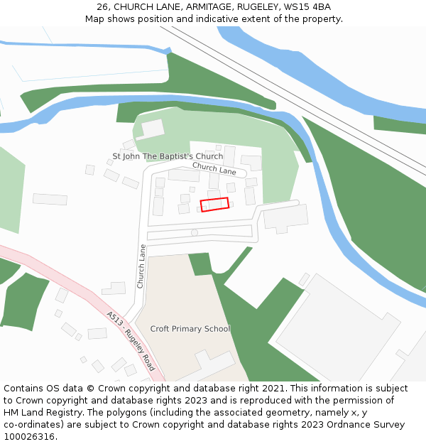 26, CHURCH LANE, ARMITAGE, RUGELEY, WS15 4BA: Location map and indicative extent of plot