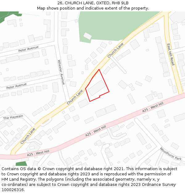 26, CHURCH LANE, OXTED, RH8 9LB: Location map and indicative extent of plot