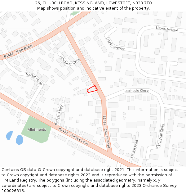 26, CHURCH ROAD, KESSINGLAND, LOWESTOFT, NR33 7TQ: Location map and indicative extent of plot