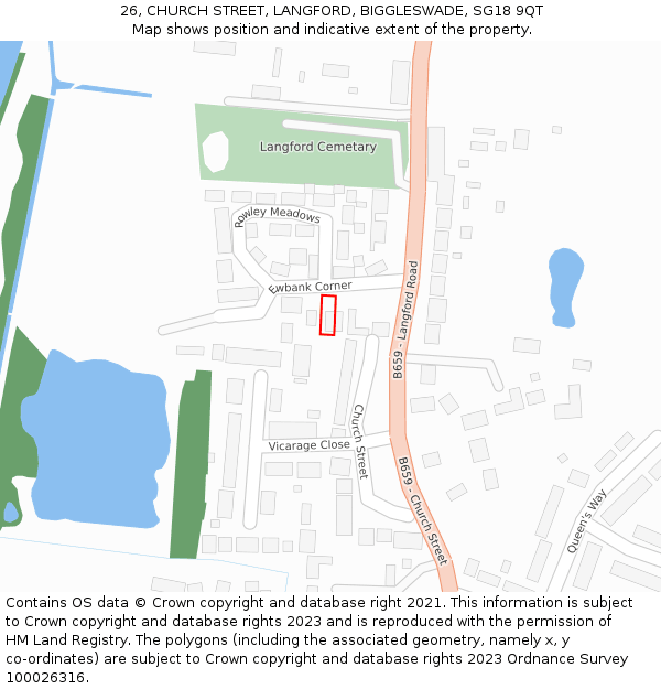 26, CHURCH STREET, LANGFORD, BIGGLESWADE, SG18 9QT: Location map and indicative extent of plot