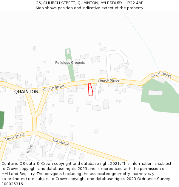 26, CHURCH STREET, QUAINTON, AYLESBURY, HP22 4AP: Location map and indicative extent of plot