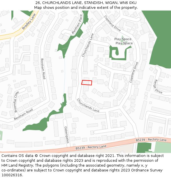 26, CHURCHLANDS LANE, STANDISH, WIGAN, WN6 0XU: Location map and indicative extent of plot