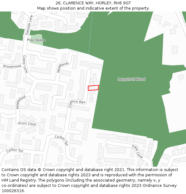 26, CLARENCE WAY, HORLEY, RH6 9GT: Location map and indicative extent of plot