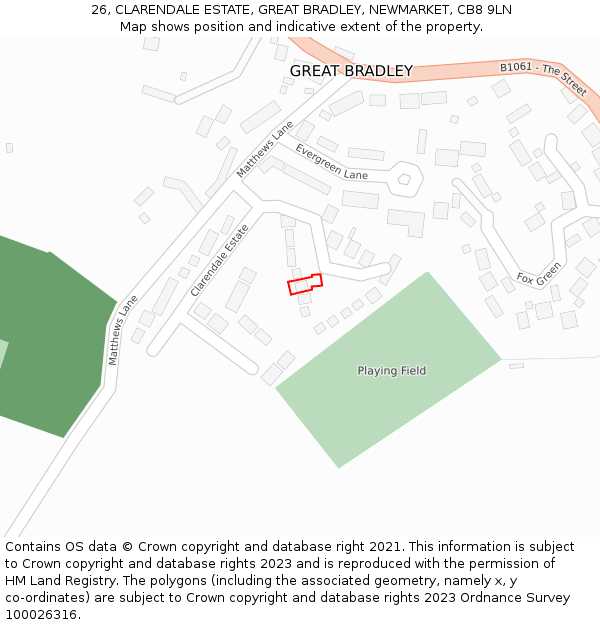 26, CLARENDALE ESTATE, GREAT BRADLEY, NEWMARKET, CB8 9LN: Location map and indicative extent of plot