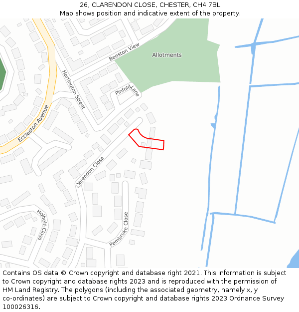 26, CLARENDON CLOSE, CHESTER, CH4 7BL: Location map and indicative extent of plot