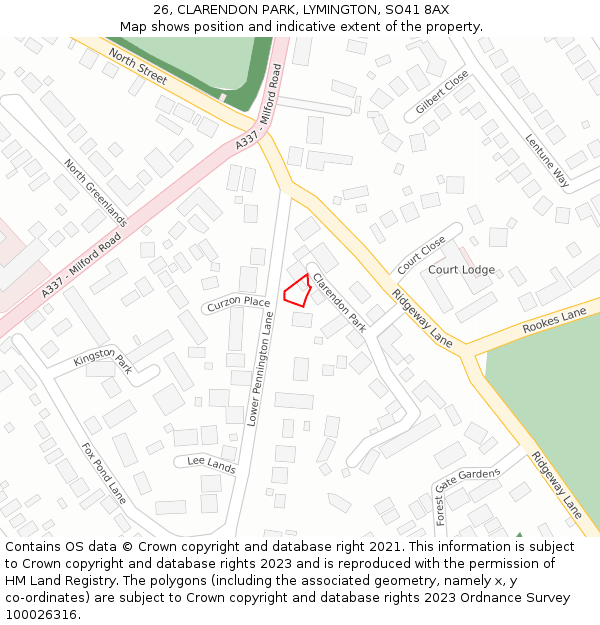 26, CLARENDON PARK, LYMINGTON, SO41 8AX: Location map and indicative extent of plot