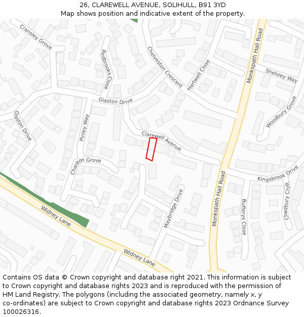 26, CLAREWELL AVENUE, SOLIHULL, B91 3YD: Location map and indicative extent of plot