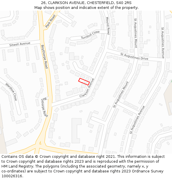 26, CLARKSON AVENUE, CHESTERFIELD, S40 2RS: Location map and indicative extent of plot