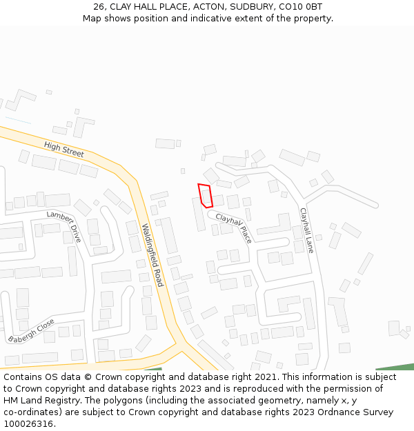 26, CLAY HALL PLACE, ACTON, SUDBURY, CO10 0BT: Location map and indicative extent of plot