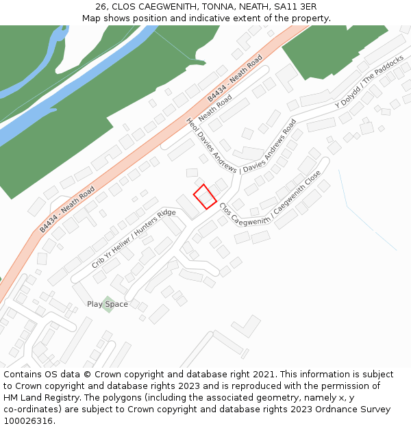 26, CLOS CAEGWENITH, TONNA, NEATH, SA11 3ER: Location map and indicative extent of plot