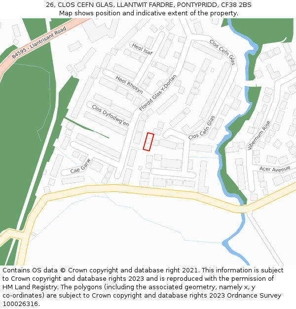 26, CLOS CEFN GLAS, LLANTWIT FARDRE, PONTYPRIDD, CF38 2BS: Location map and indicative extent of plot