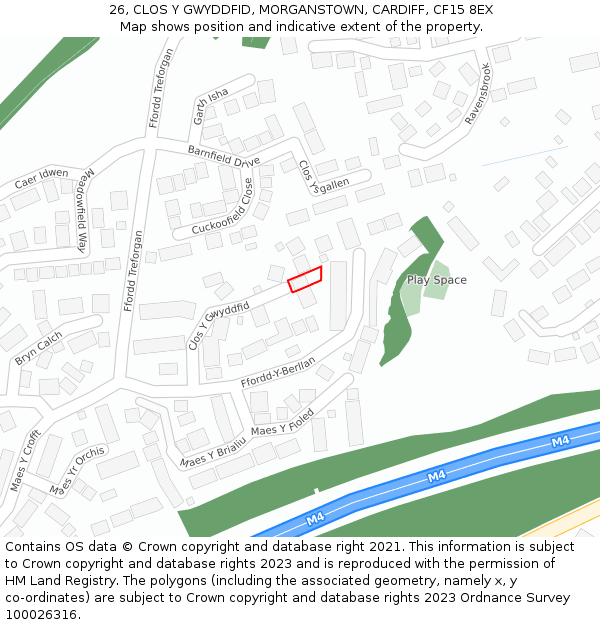 26, CLOS Y GWYDDFID, MORGANSTOWN, CARDIFF, CF15 8EX: Location map and indicative extent of plot