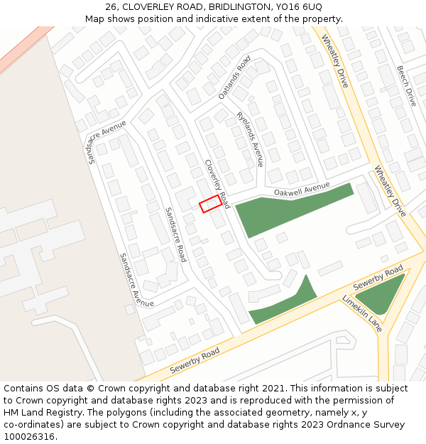 26, CLOVERLEY ROAD, BRIDLINGTON, YO16 6UQ: Location map and indicative extent of plot