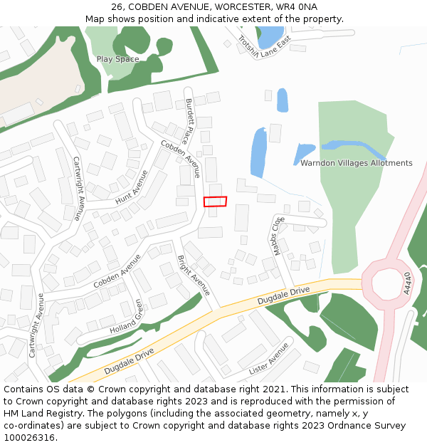 26, COBDEN AVENUE, WORCESTER, WR4 0NA: Location map and indicative extent of plot