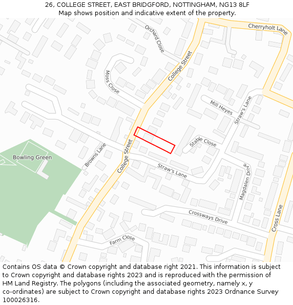 26, COLLEGE STREET, EAST BRIDGFORD, NOTTINGHAM, NG13 8LF: Location map and indicative extent of plot