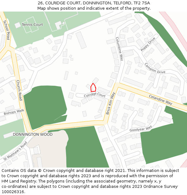 26, COLRIDGE COURT, DONNINGTON, TELFORD, TF2 7SA: Location map and indicative extent of plot