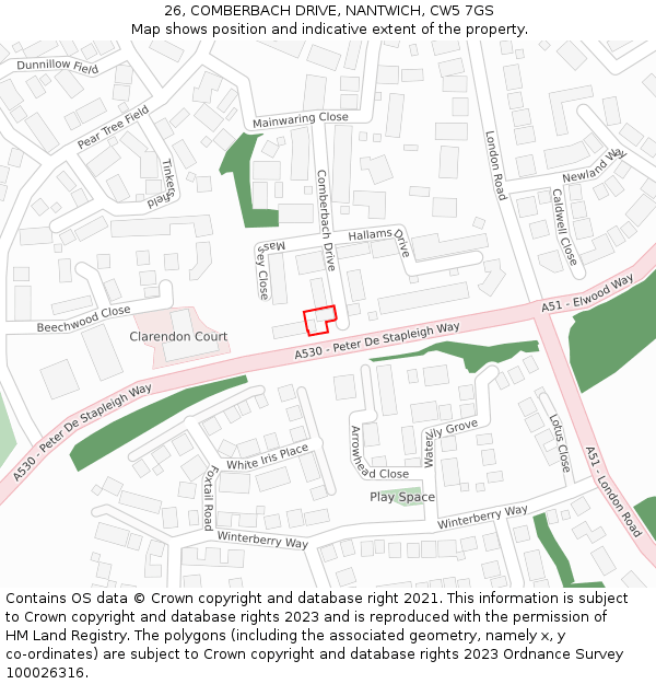 26, COMBERBACH DRIVE, NANTWICH, CW5 7GS: Location map and indicative extent of plot