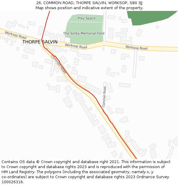 26, COMMON ROAD, THORPE SALVIN, WORKSOP, S80 3JJ: Location map and indicative extent of plot