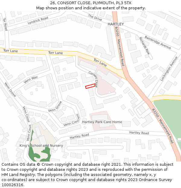 26, CONSORT CLOSE, PLYMOUTH, PL3 5TX: Location map and indicative extent of plot