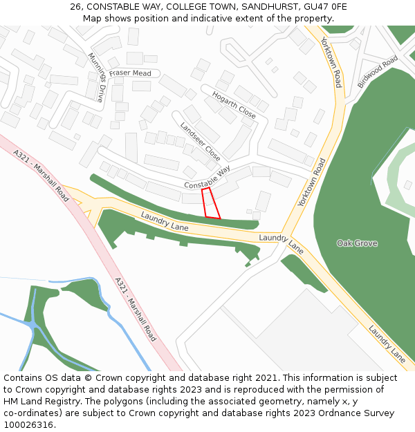 26, CONSTABLE WAY, COLLEGE TOWN, SANDHURST, GU47 0FE: Location map and indicative extent of plot