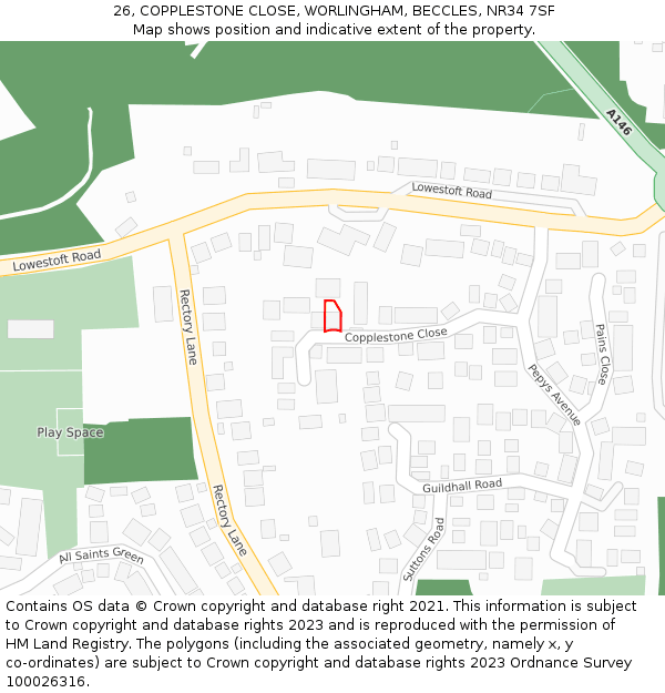 26, COPPLESTONE CLOSE, WORLINGHAM, BECCLES, NR34 7SF: Location map and indicative extent of plot