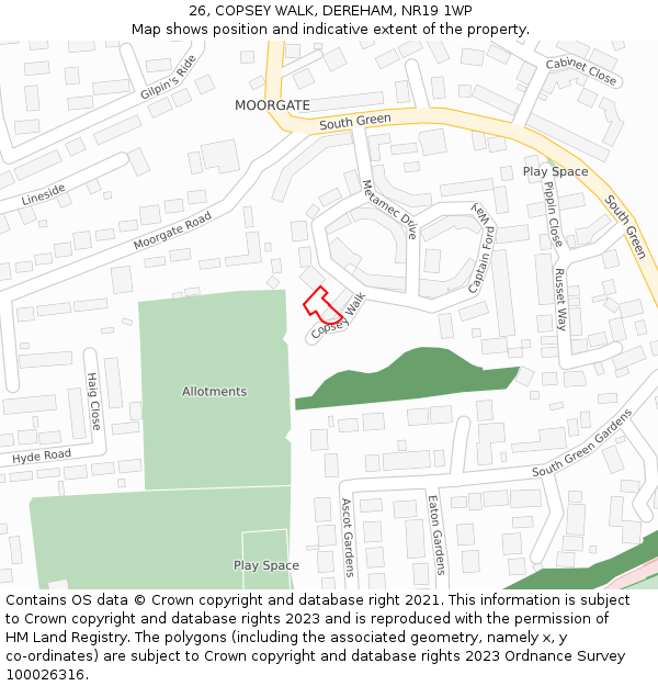 26, COPSEY WALK, DEREHAM, NR19 1WP: Location map and indicative extent of plot