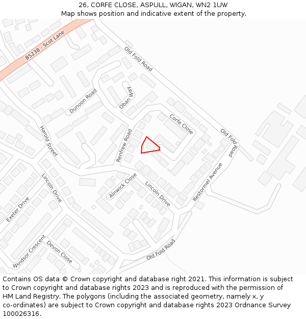 26, CORFE CLOSE, ASPULL, WIGAN, WN2 1UW: Location map and indicative extent of plot