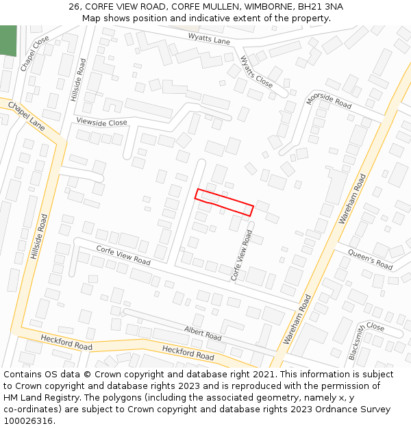 26, CORFE VIEW ROAD, CORFE MULLEN, WIMBORNE, BH21 3NA: Location map and indicative extent of plot