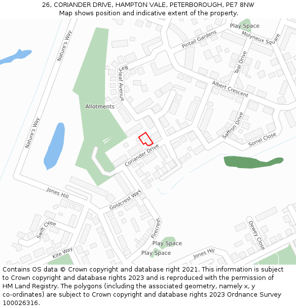 26, CORIANDER DRIVE, HAMPTON VALE, PETERBOROUGH, PE7 8NW: Location map and indicative extent of plot