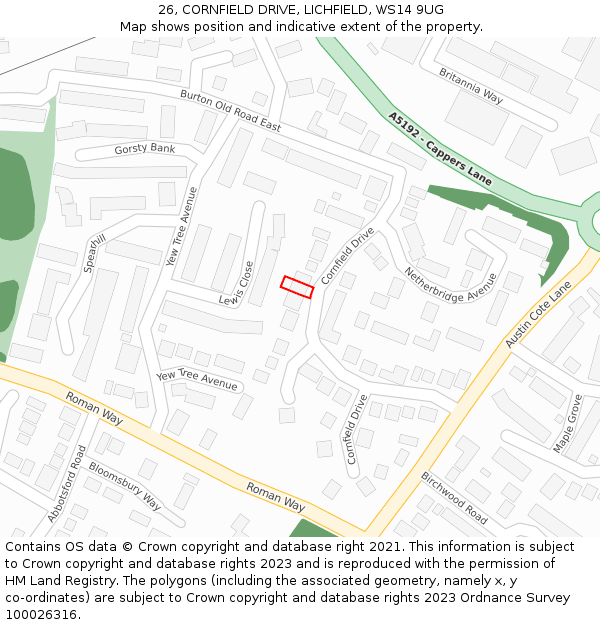 26, CORNFIELD DRIVE, LICHFIELD, WS14 9UG: Location map and indicative extent of plot