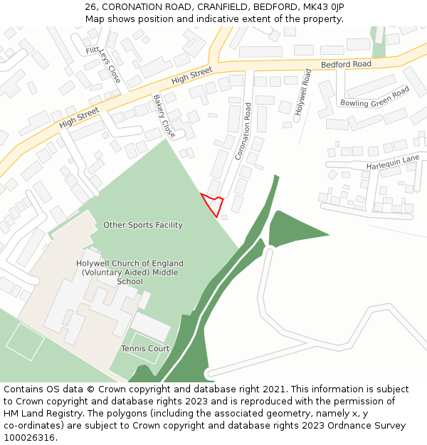 26, CORONATION ROAD, CRANFIELD, BEDFORD, MK43 0JP: Location map and indicative extent of plot