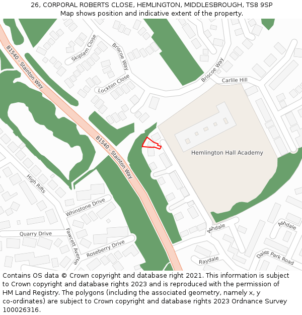 26, CORPORAL ROBERTS CLOSE, HEMLINGTON, MIDDLESBROUGH, TS8 9SP: Location map and indicative extent of plot