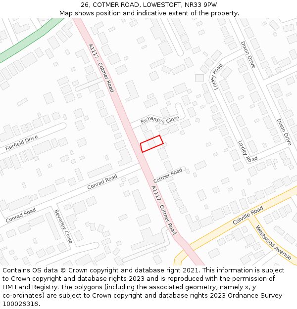 26, COTMER ROAD, LOWESTOFT, NR33 9PW: Location map and indicative extent of plot