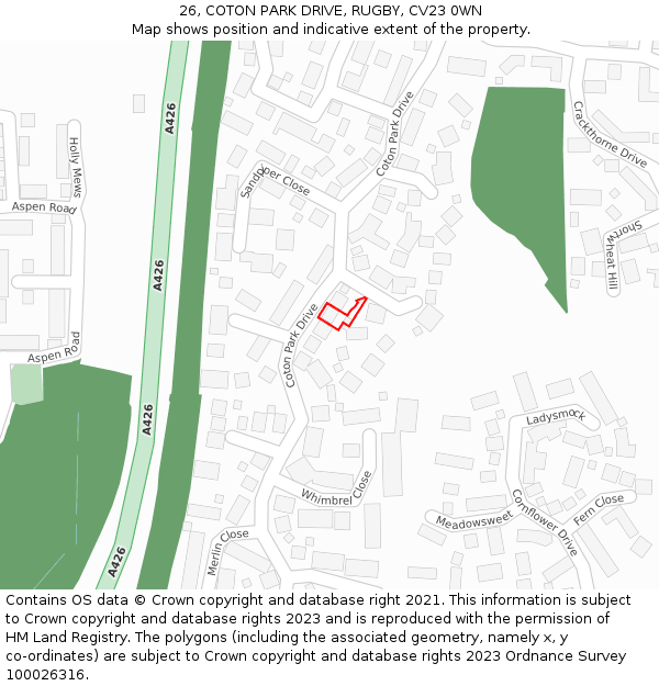 26, COTON PARK DRIVE, RUGBY, CV23 0WN: Location map and indicative extent of plot