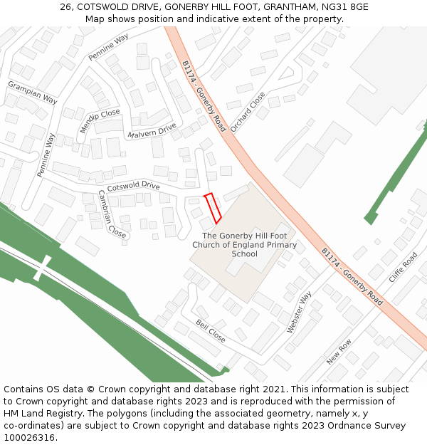 26, COTSWOLD DRIVE, GONERBY HILL FOOT, GRANTHAM, NG31 8GE: Location map and indicative extent of plot