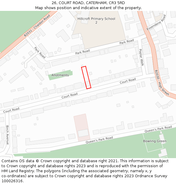 26, COURT ROAD, CATERHAM, CR3 5RD: Location map and indicative extent of plot