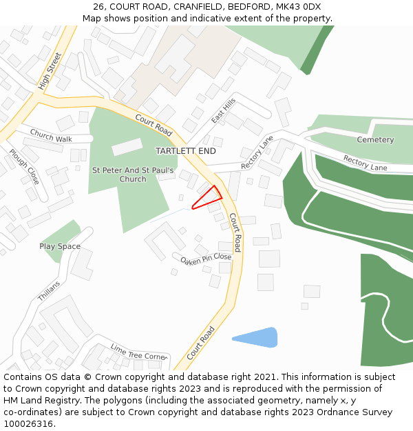 26, COURT ROAD, CRANFIELD, BEDFORD, MK43 0DX: Location map and indicative extent of plot