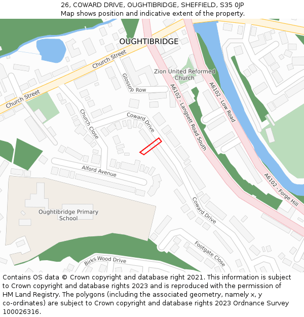 26, COWARD DRIVE, OUGHTIBRIDGE, SHEFFIELD, S35 0JP: Location map and indicative extent of plot
