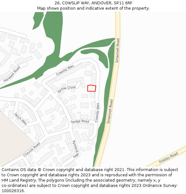 26, COWSLIP WAY, ANDOVER, SP11 6RF: Location map and indicative extent of plot