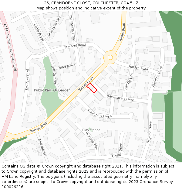 26, CRANBORNE CLOSE, COLCHESTER, CO4 5UZ: Location map and indicative extent of plot