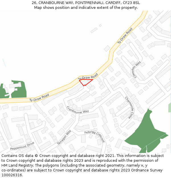 26, CRANBOURNE WAY, PONTPRENNAU, CARDIFF, CF23 8SL: Location map and indicative extent of plot