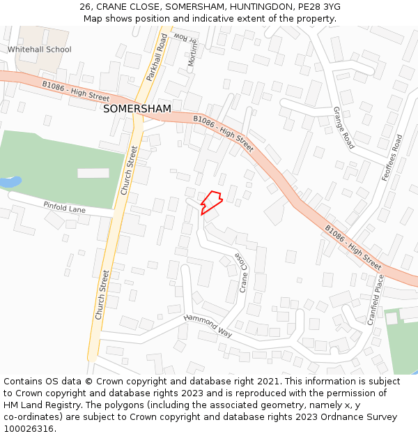 26, CRANE CLOSE, SOMERSHAM, HUNTINGDON, PE28 3YG: Location map and indicative extent of plot