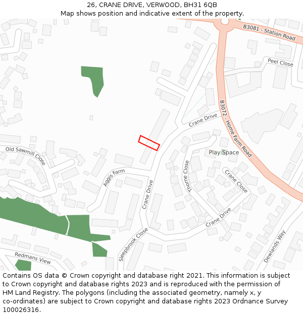 26, CRANE DRIVE, VERWOOD, BH31 6QB: Location map and indicative extent of plot