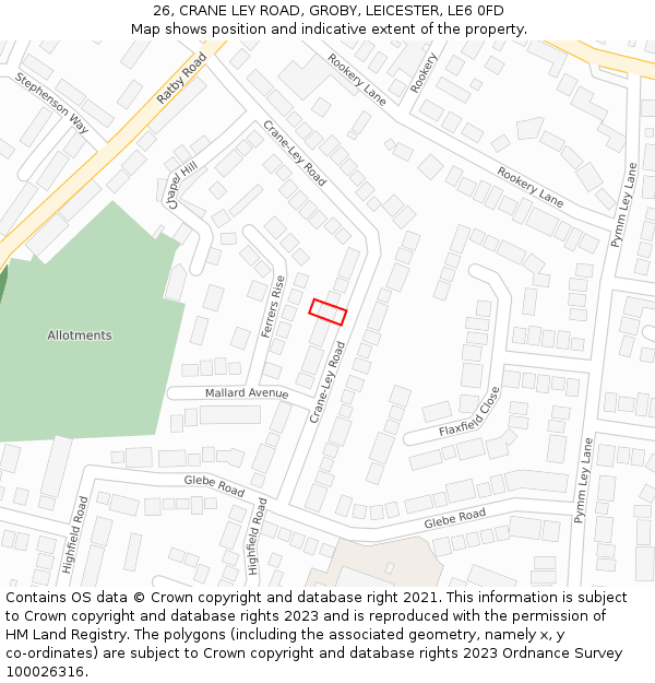 26, CRANE LEY ROAD, GROBY, LEICESTER, LE6 0FD: Location map and indicative extent of plot