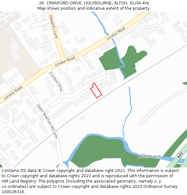 26, CRANFORD DRIVE, HOLYBOURNE, ALTON, GU34 4HJ: Location map and indicative extent of plot