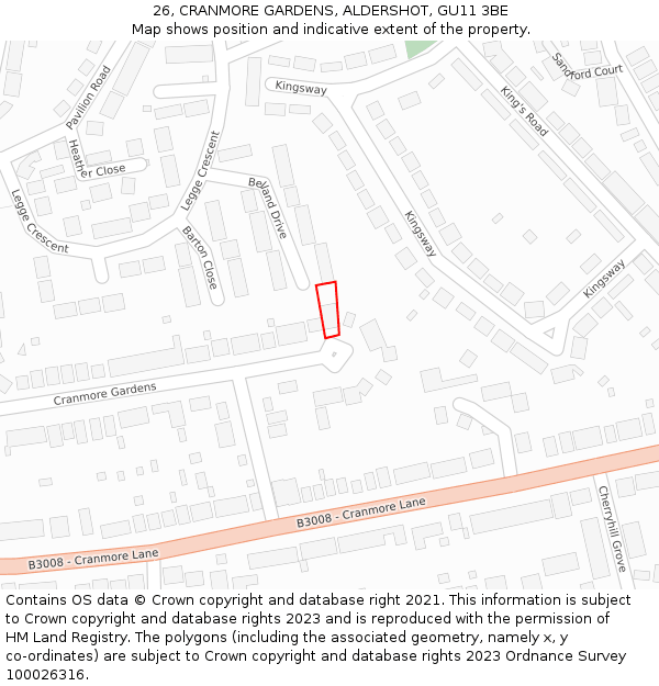 26, CRANMORE GARDENS, ALDERSHOT, GU11 3BE: Location map and indicative extent of plot